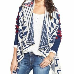 Haute Society Nordic Open Knit Cardigan Sweater Red Blue Tribal Print Medium